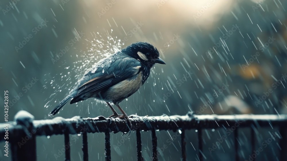 Fototapeta premium A bird perched on a wet railing, shaking off raindrops in a serene, rainy environment.