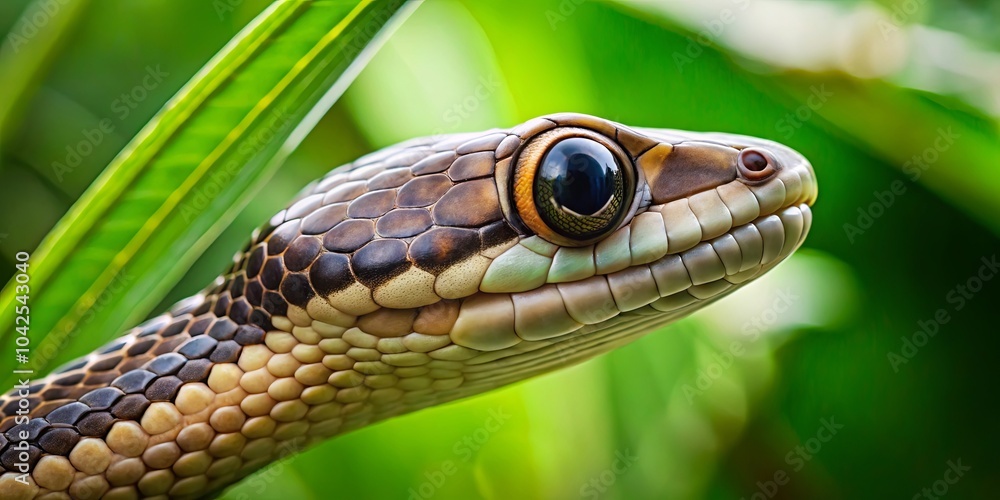Obraz premium A close-up portrait of a snake's head, its eye gleaming with an intense gaze, framed by vibrant green foliage.