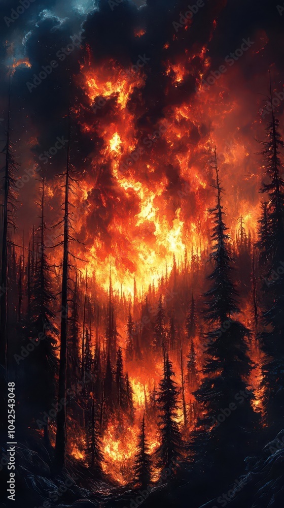 flames engulfing a forest with trees cracking and burning in an intense blaze smoke swirling into a darkening sky evoking urgency and destruction flames engulfing a forest with trees cracking and burning in an intense blaze smoke swirling into a darkening sky evoking urgency and destruction