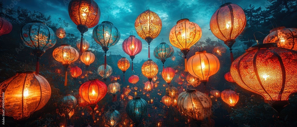 Obraz premium Illuminated Lanterns Hanging in the Night Sky