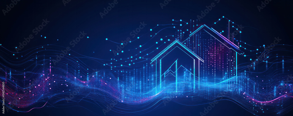 Naklejka premium A blue and purple image of two houses with a lot of dots. The houses are connected by a wave, and the dots are scattered throughout the image. Scene is abstract and artistic, with a sense of movement
