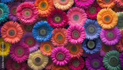 A vibrant pattern of colorful gerbera daisies in a close-up view.