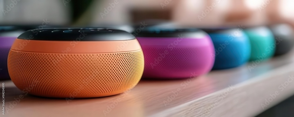 Obraz premium Voice-activated assistants, vibrant colors, tech devices, close-up, modern