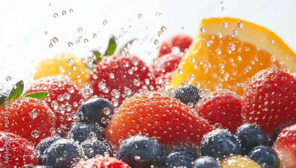Fresh strawberries, blueberries, and orange slices with water drops. Fresh strawberries, blueberries, and orange slices with water drops.