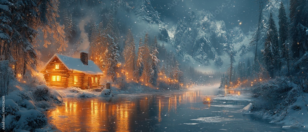 Fototapeta premium A Cozy Cabin Illuminated in a Snowy Forest by a Frozen Lake