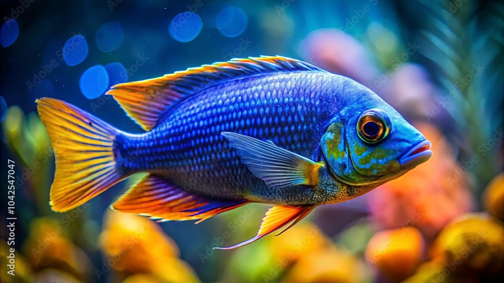Naklejka premium A vibrant, blue and yellow fish with intricate scales swims amidst a colorful, abstract background, showcasing the beauty of underwater life.