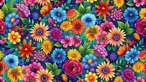 A Vibrant Tapestry of Blossoms, Each Petal a Splash of Color, Dancing on a Deep Blue Canvas, Creating a Kaleidoscope of Floral Beauty