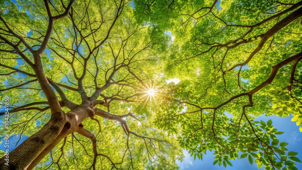 Fototapeta premium A canopy of vibrant green leaves reaches towards the sun, illuminating the intricate network of branches and creating a sense of awe and wonder.