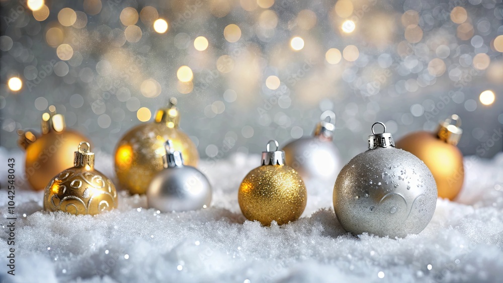 A Festive Collection of Shiny Ornamented Spheres Adorned with Glittering Patterns Resting Upon a Pristine Layer of Snow A Festive Collection of Shiny Ornamented Spheres Adorned with Glittering Patterns Resting Upon a Pristine Layer of Snow