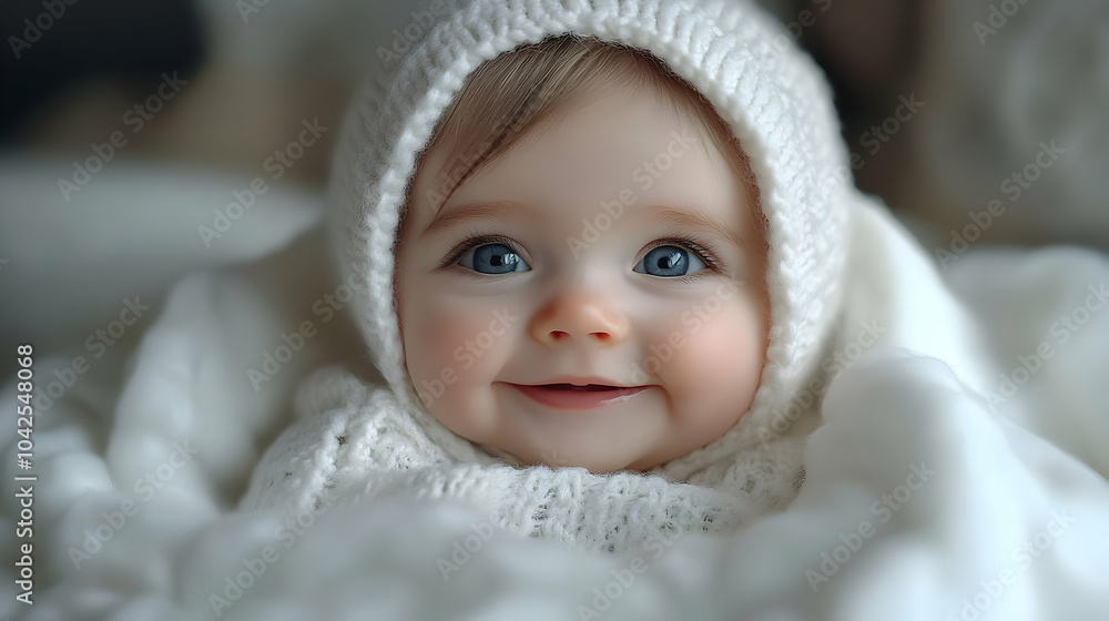 A smiling baby wrapped in a cozy white blanket and hood. A smiling baby wrapped in a cozy white blanket and hood.
