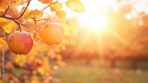 Fresh apples hanging on branch surrounded by vibrant autumn leaves, illuminated by warm sunlight. scene captures essence of fall, evoking sense of tranquility and harvest