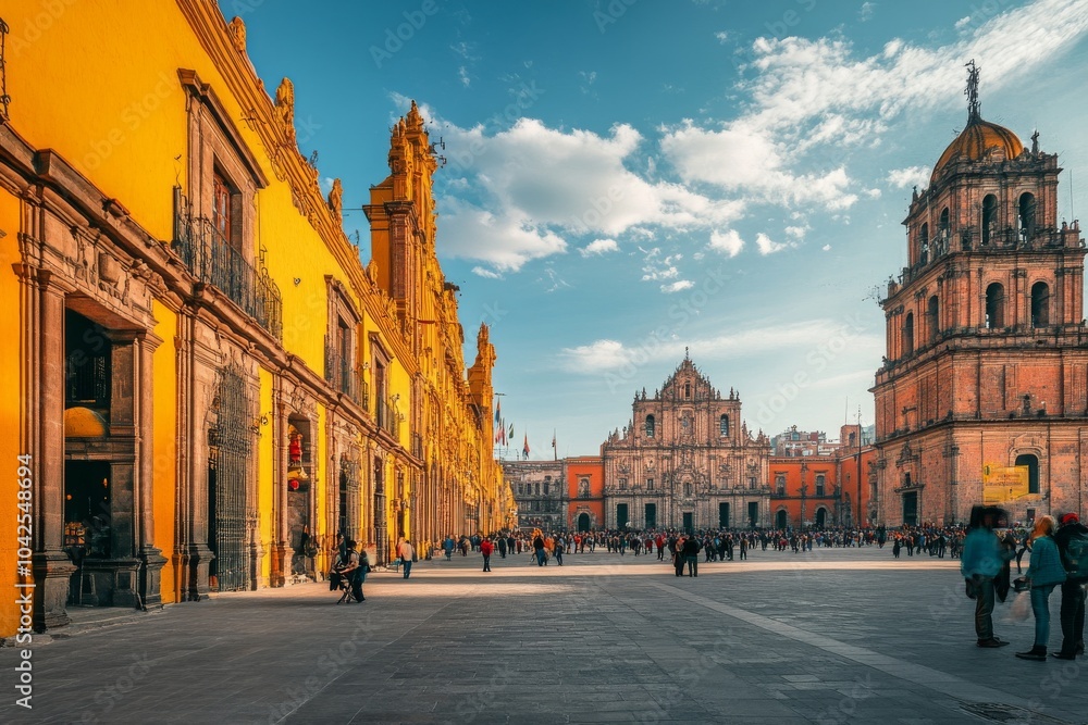Naklejka premium A wide shot of a large, bustling city square in Mexico with people walking by. The square is dominated by a large, yellow building on the left and a church on the right.