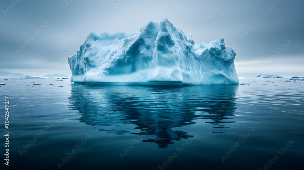 Fototapeta premium A large iceberg floating in calm, reflective waters under a cloudy sky.