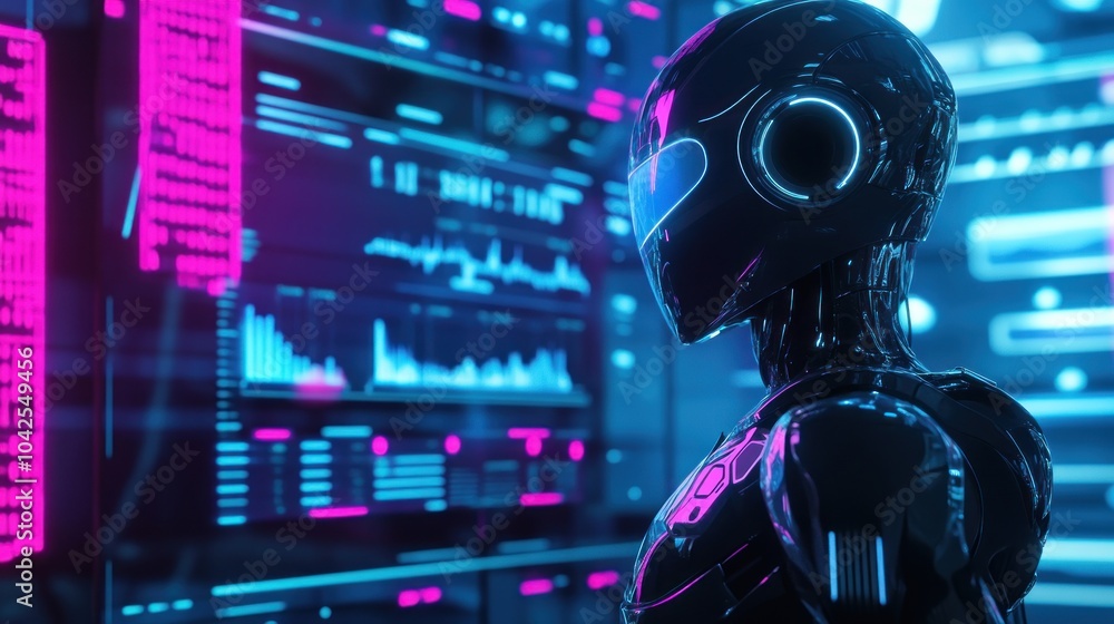 A futuristic robot stands before a digital interface filled with data and graphs. A futuristic robot stands before a digital interface filled with data and graphs.