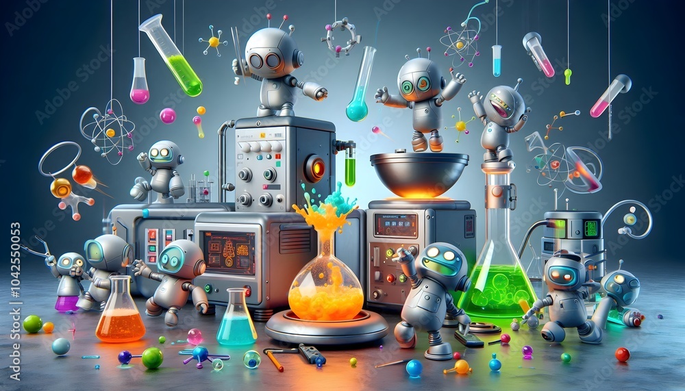 team of quirky 3d rendered robot lab assistants cartoon tries to stop experiments that have gone out of control. One robot catches a flying beaker, while another battles a blob of goo. team of quirky 3d rendered robot lab assistants cartoon tries to stop experiments that have gone out of control. One robot catches a flying beaker, while another battles a blob of goo.