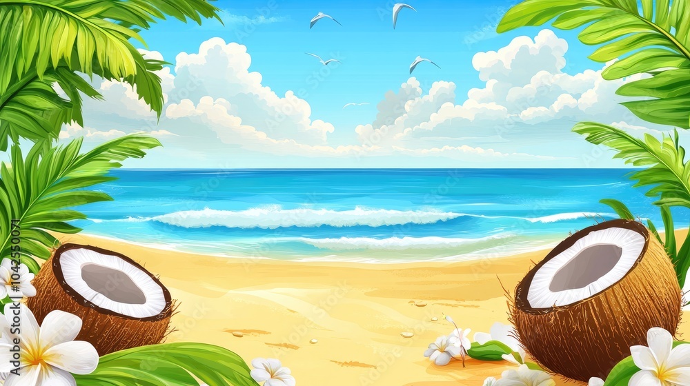 Fototapeta premium Tropical Beach Scene with Coconuts and Palm Trees