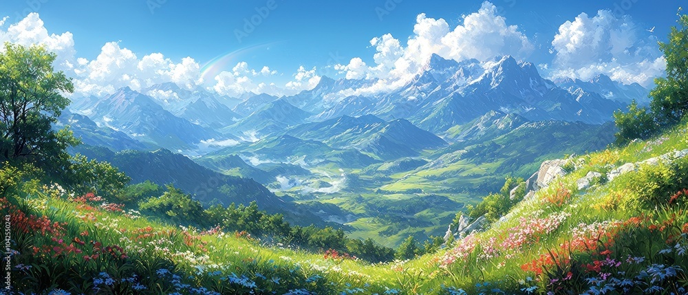 Mountainous Landscape with Vibrant Wildflowers and a Rainbow in the Distance Mountainous Landscape with Vibrant Wildflowers and a Rainbow in the Distance