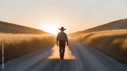 nostalgic scene of a young cowboy walking along a dusty rural road surrounded by golden wheat fields and distant rolling hills warm summer light bathes the landscape in a soft glow (18)