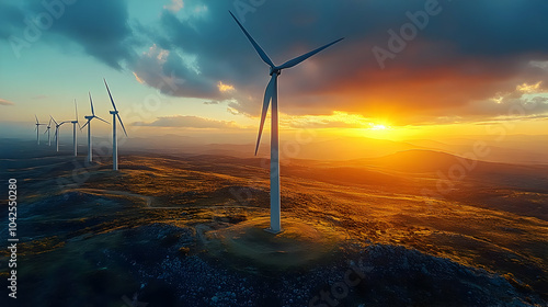 Wind turbines at sunset in ...