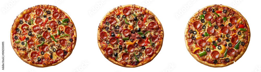 Delicious pizzas with toppings isolated on transparent PNG background perfect for food packaging or restaurant menu designs Delicious pizzas with toppings isolated on transparent PNG background perfect for food packaging or restaurant menu designs