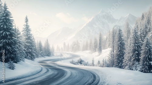 A solitary road winds through a tranquil winter landscape, flanked by towering snow-capped mountains under a clear blue sky, bathed in bright sunlight and crisp shadows.