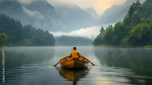 A solitary figure rowing on...