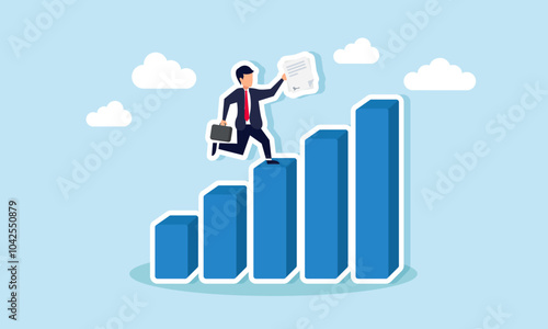 A businessman runs up a graph carrying an agreement paper, illustration of business performance progress based on tender project agreements