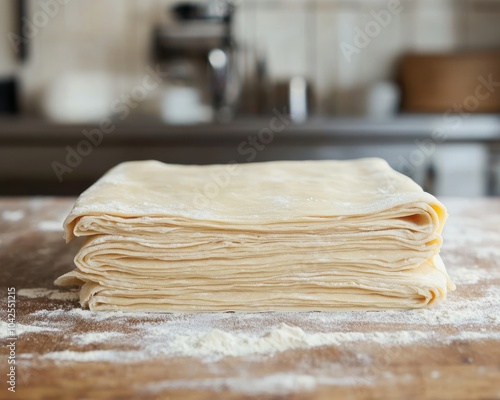 A stack of layered pastry dough on a wooden surface, ready for baking. photo