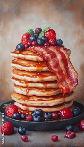 A stack of pancakes topped with berries and bacon, drizzled with syrup. photo