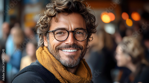 Smiling man with curly hair...