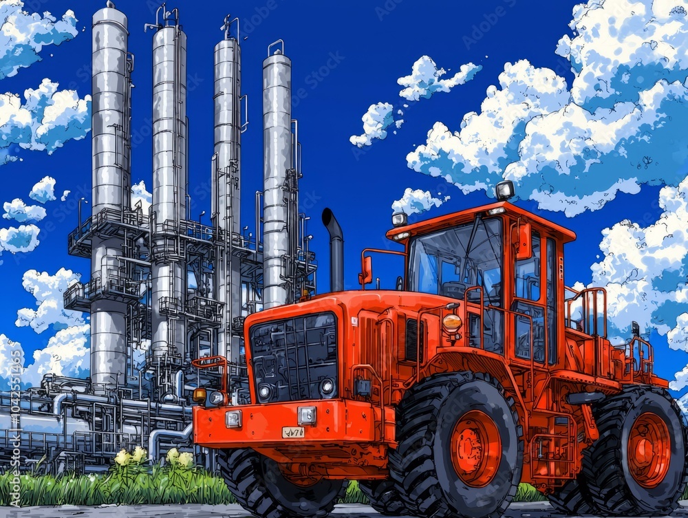 Red tractor in front of oil refinery under a blue sky. Red tractor in front of oil refinery under a blue sky.