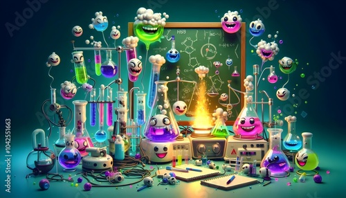 A chaotic lab scene where 3d rendered equipment and chemicals cartoon have come to life. Beakers with grinning faces bubble over with neon liquids, test tubes clink together in a toast.