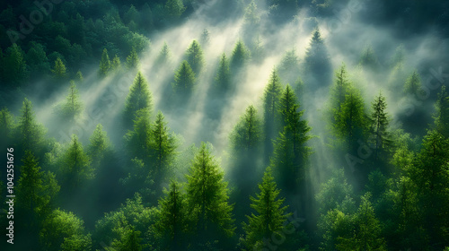 Lush green forest with mist...