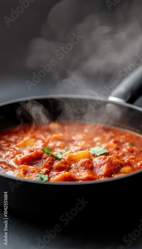 A steaming pot of tomato-based stew garnished with herbs.