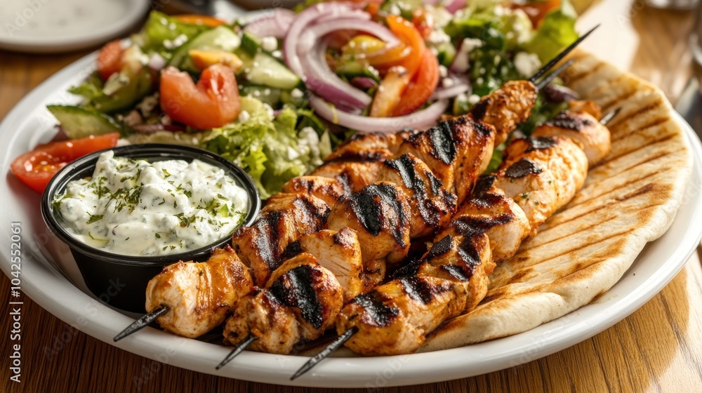 A delicious plate featuring grilled chicken skewers, salad, and dipping sauce on flatbread. A delicious plate featuring grilled chicken skewers, salad, and dipping sauce on flatbread.