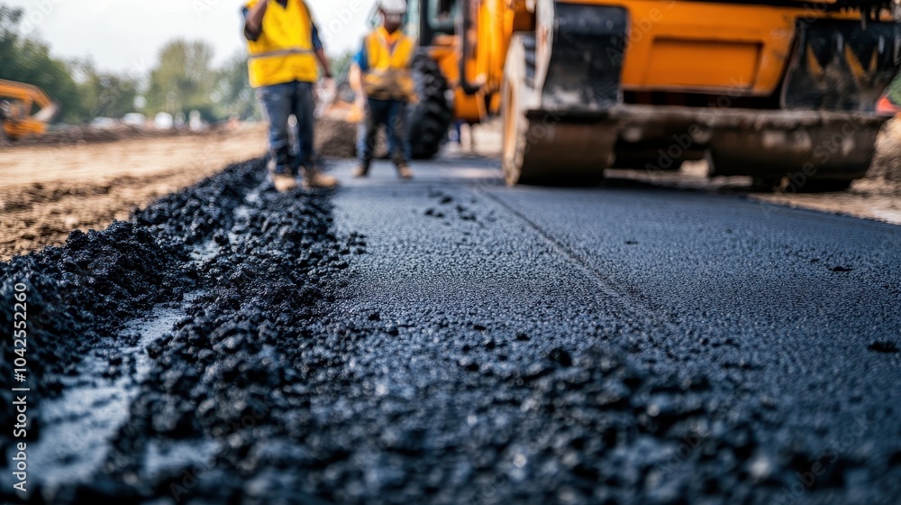 Construction workers lay asphalt on a road, using heavy machinery to ensure a smooth and durable surface. Construction workers lay asphalt on a road, using heavy machinery to ensure a smooth and durable surface.