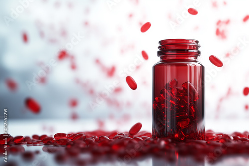 Red Bottle and Pills Spilling on Grey Ground