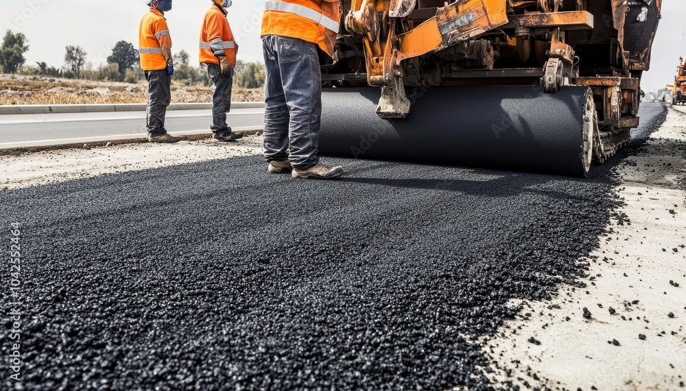 Workers operate a machine to lay asphalt on a road under construction, showcasing teamwork and heavy machinery in action. Workers operate a machine to lay asphalt on a road under construction, showcasing teamwork and heavy machinery in action.