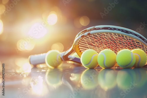 Tennis Racket and Balls on Court During Golden Hour