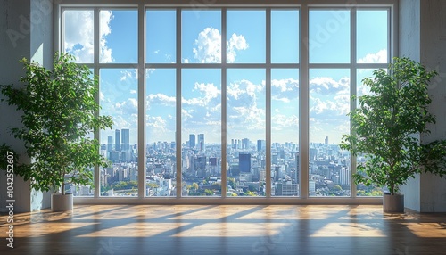 A Room With Large Windows Showcasing a City Skyline View