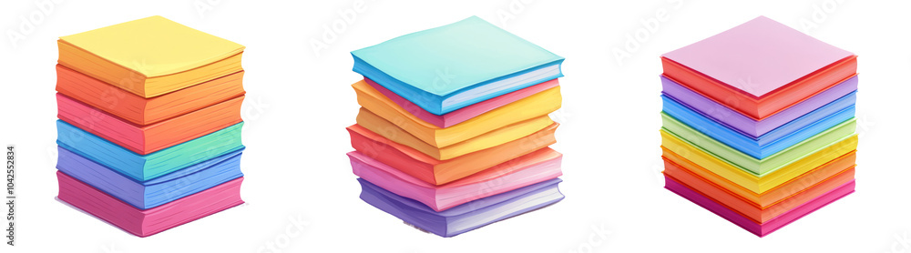 Stacks of colorful paper isolated on transparent PNG background ideal for office supply packaging or stationery themed illustrations Stacks of colorful paper isolated on transparent PNG background ideal for office supply packaging or stationery themed illustrations