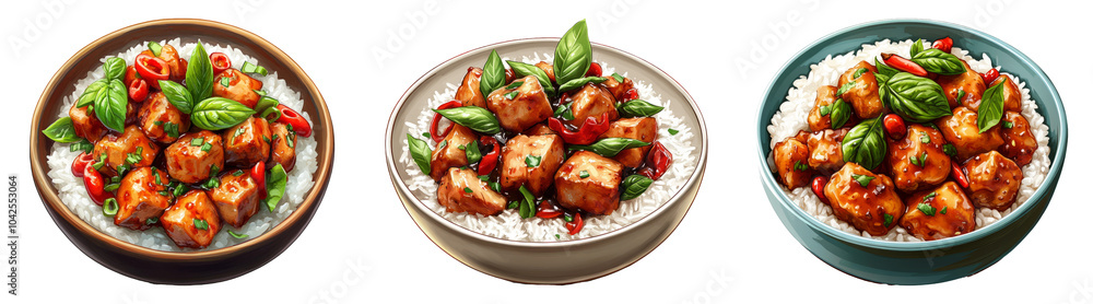 Bowl of chicken with vegetables and rice isolated on transparent PNG background perfect for food packaging or healthy meal designs Bowl of chicken with vegetables and rice isolated on transparent PNG background perfect for food packaging or healthy meal designs