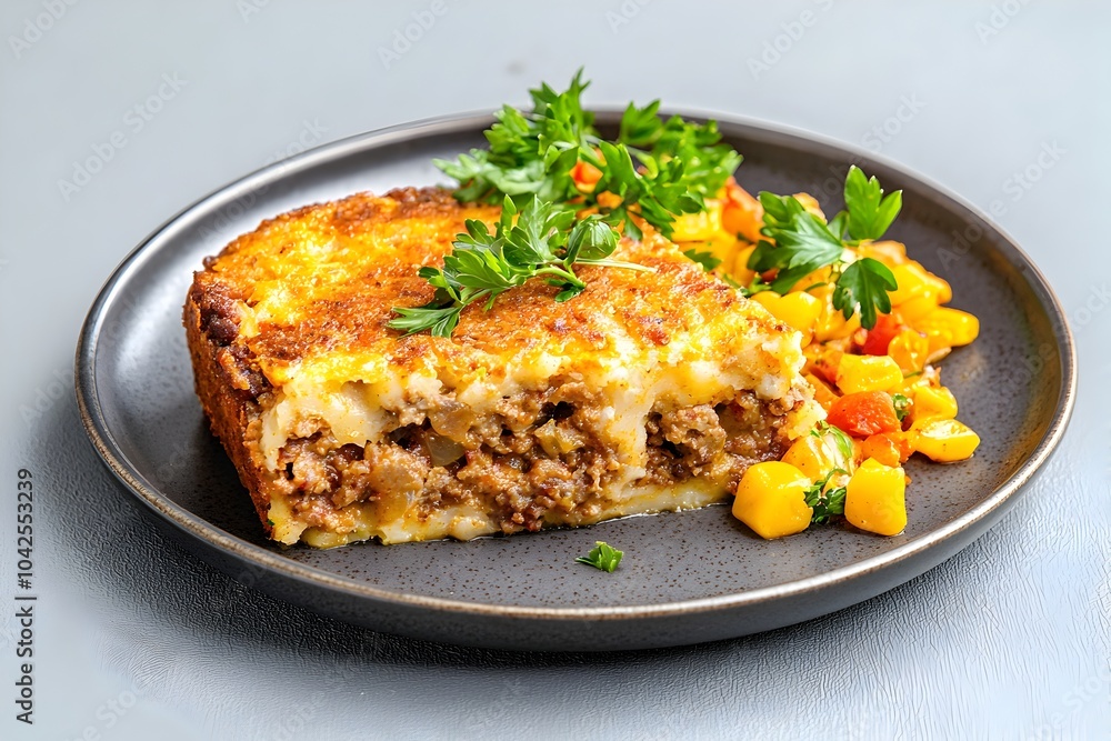Appetizing Bobotie Dish on Plate with Garnish Served for Meal Appetizing Bobotie Dish on Plate with Garnish Served for Meal