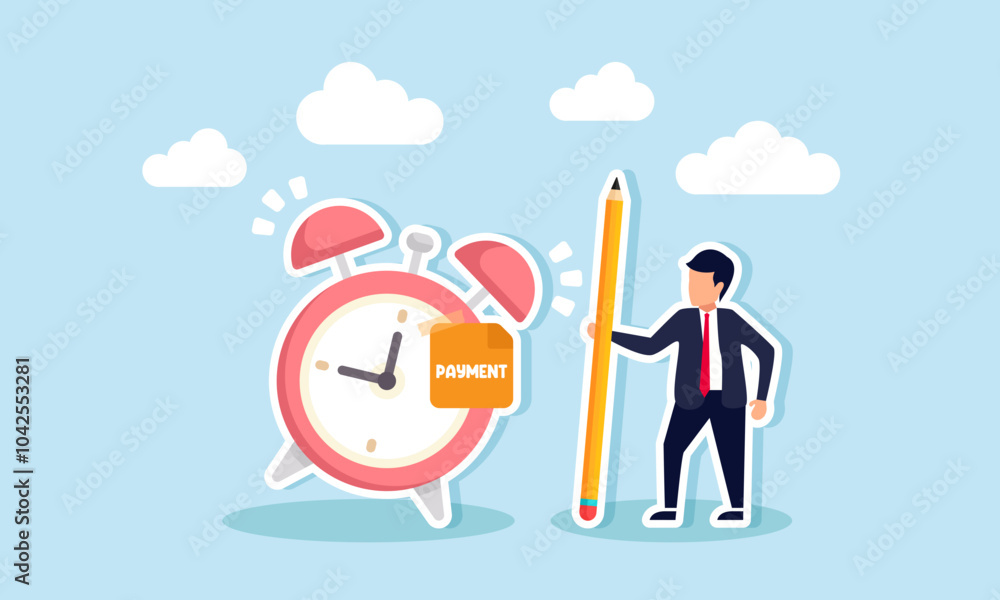 A businessman with a pencil is standing next to an alarm clock labeled PAYMENT, illustrating a reminder for the bill payment deadline A businessman with a pencil is standing next to an alarm clock labeled PAYMENT, illustrating a reminder for the bill payment deadline