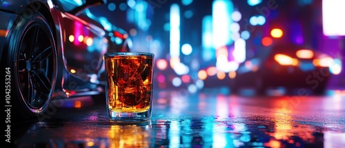 A glass of whiskey sits on a wet street beside a sleek car, illuminated by vibrant city lights.