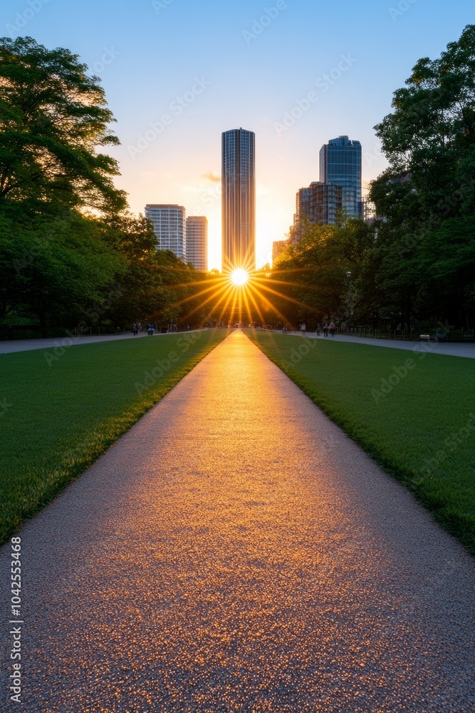 A sunset view between tall buildings with a pathway leading to the horizon. A sunset view between tall buildings with a pathway leading to the horizon.