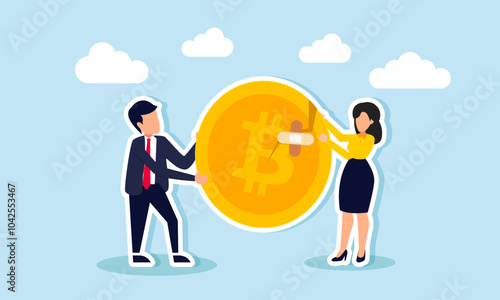 A businessman and businesswoman are repairing cracked bitcoins with bandage tape, illustrating the evaluation and improvement of strategies in bitcoin investments that have incurred losses