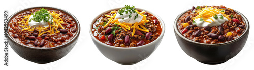 Bowls of chili with cheese isolated on transparent PNG background ideal for food packaging or hearty meal designs photo