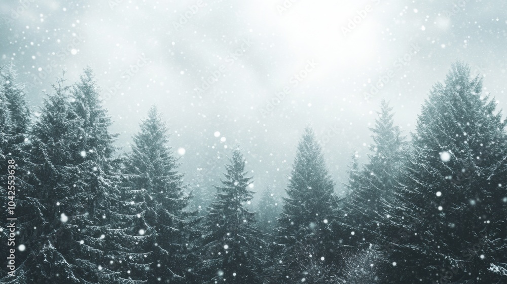 In the heart of winter, tall pine trees stand clothed in white, while soft snowflakes drift from a grey sky, creating a serene ambiance illuminated by gentle light filtering through the clouds. In the heart of winter, tall pine trees stand clothed in white, while soft snowflakes drift from a grey sky, creating a serene ambiance illuminated by gentle light filtering through the clouds.