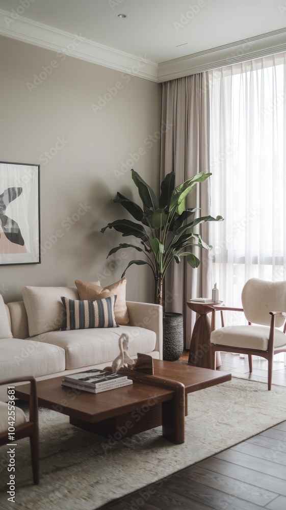 Fototapeta premium Living room with a white couch, a coffee table, and a potted plant